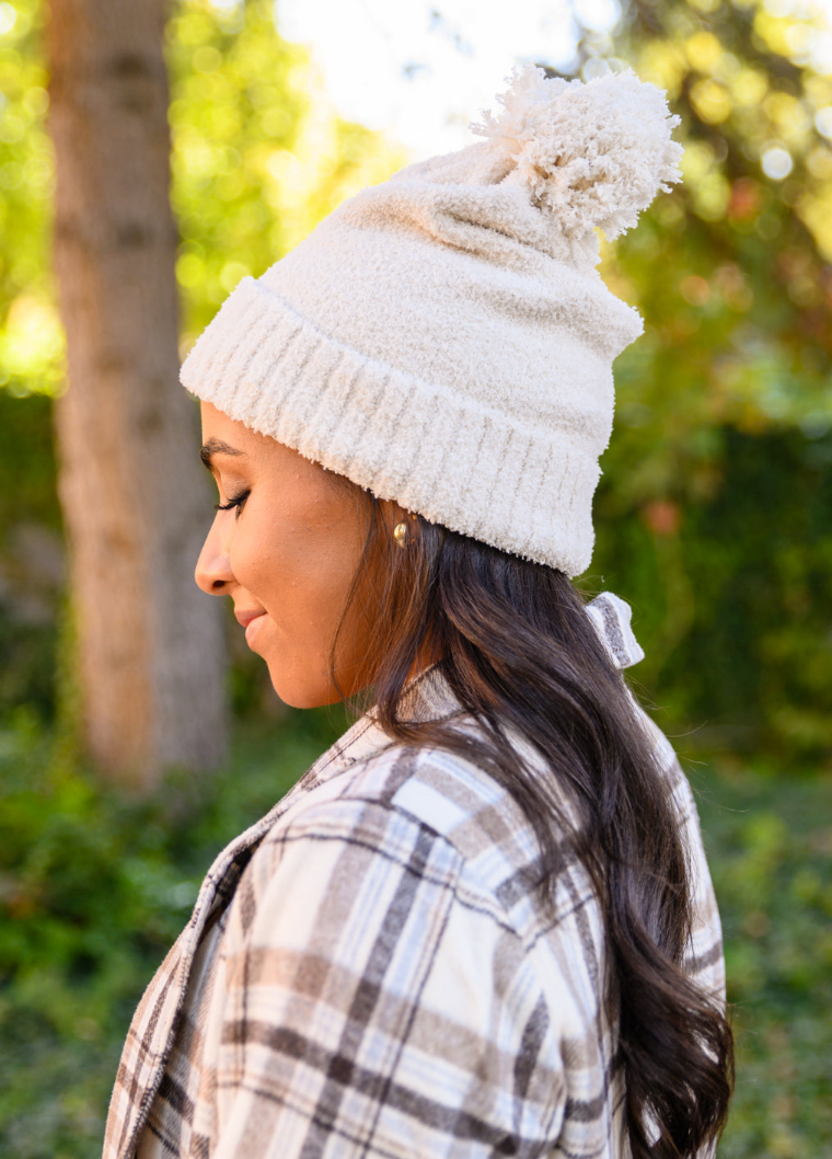 SALE:  Slouchy Bouncy Pom Beanie in Ivory