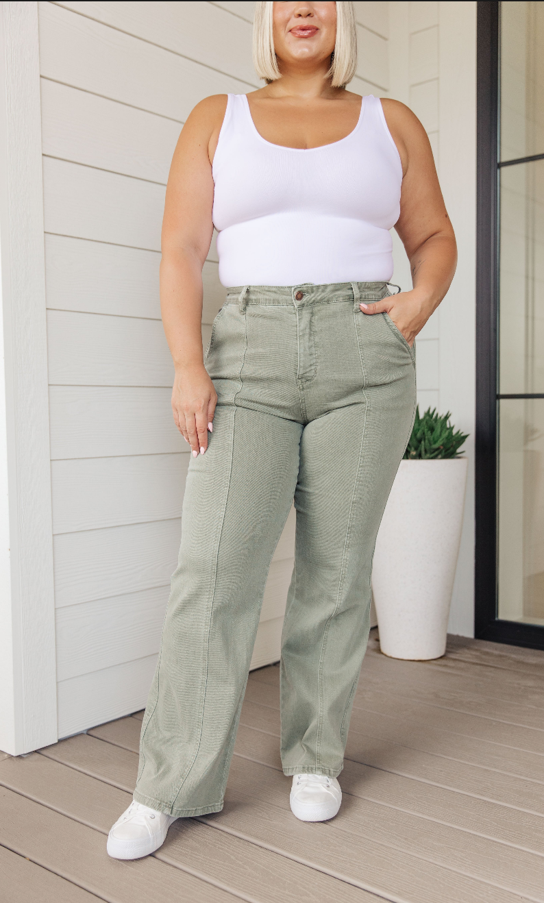 SAMPLE SALE:  15/32 PHOEBE HIGH RISE FRONT SEAM STRAIGHT JEANS IN SAGE