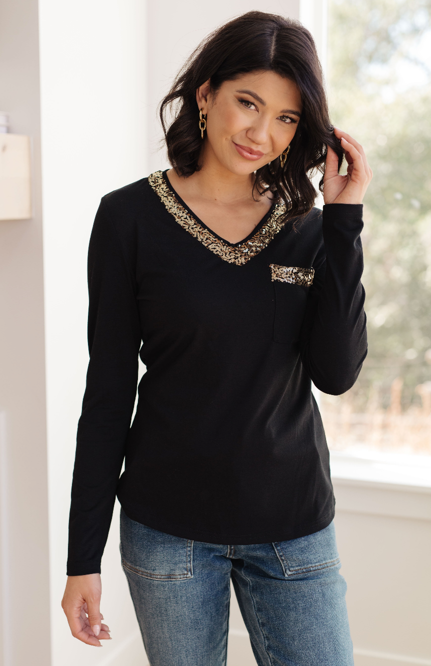 SAMPLE SALE:  LARGE  Glitter Lining Long Sleeve V-Neck Top