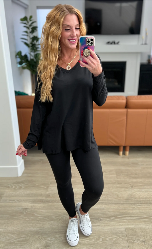 Sample Sale: L and XL Buttery Soft V-Neck Longsleeve Loungewear Set in Black