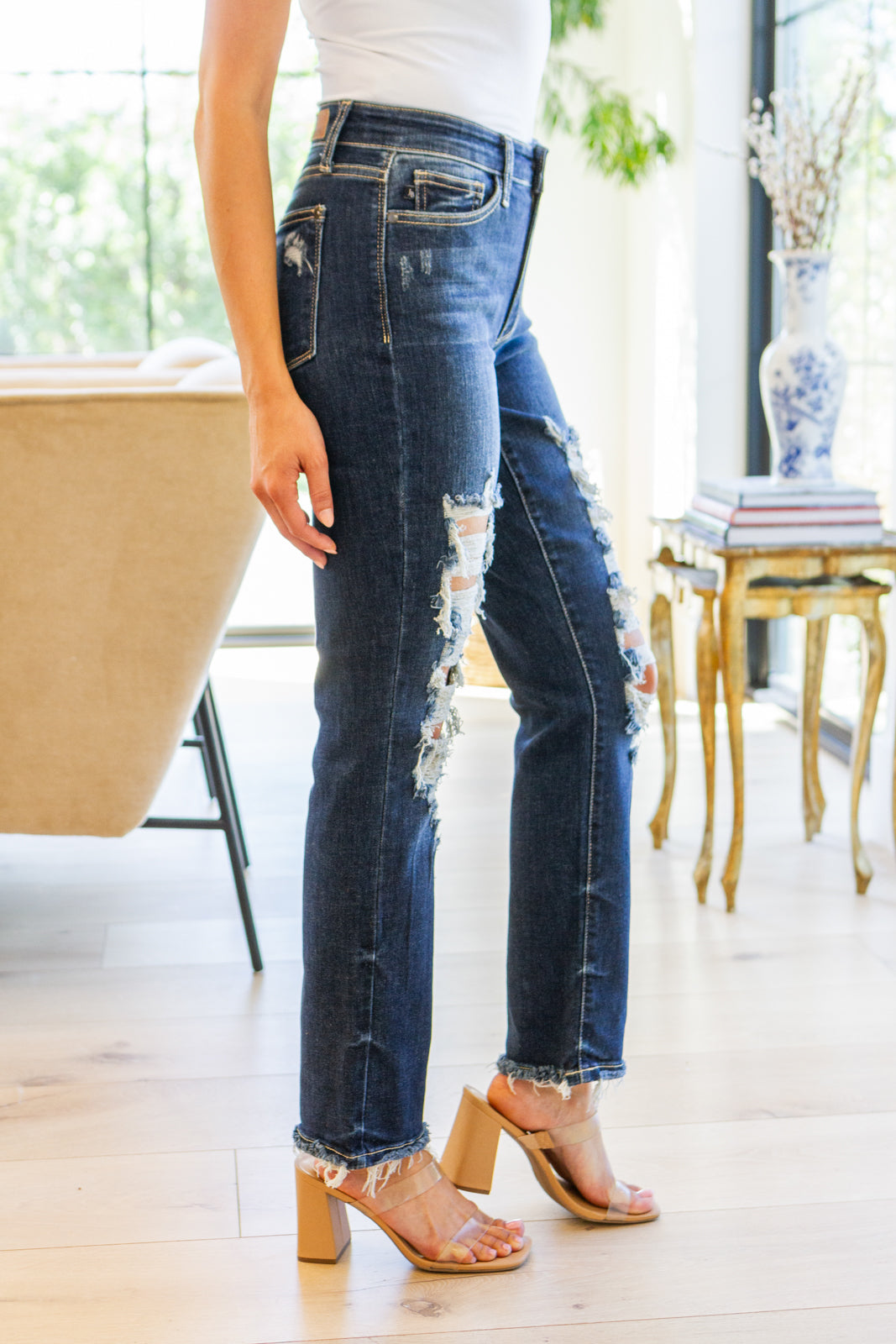 Sloane Mid Rise Heavy Destroyed Straight Jeans