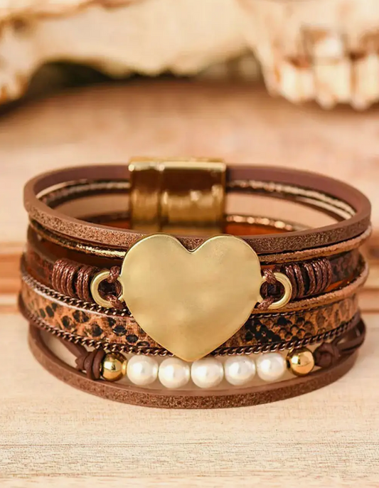 Heart & Pearls Leather Magnetic Brown Bracelet