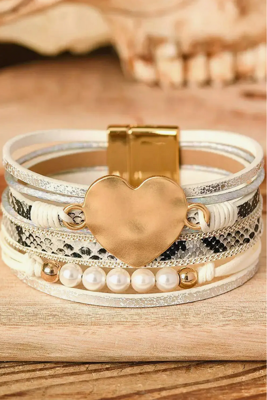 Heart & Pearls Leather Magnetic White Bracelet