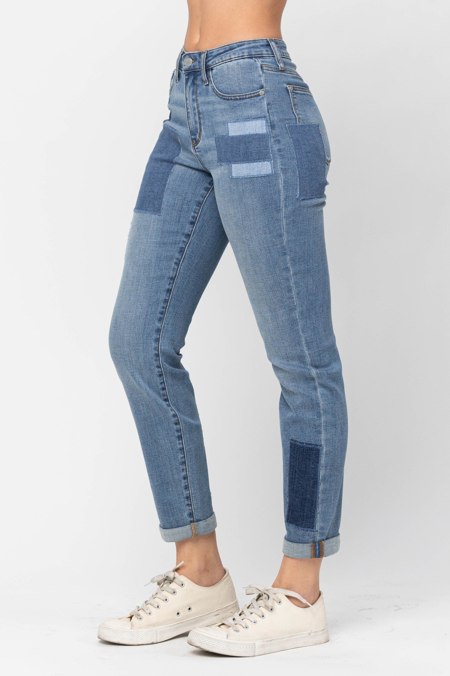 Judy Blue HW Patches w/Double Rolled Cuff BF Jeans