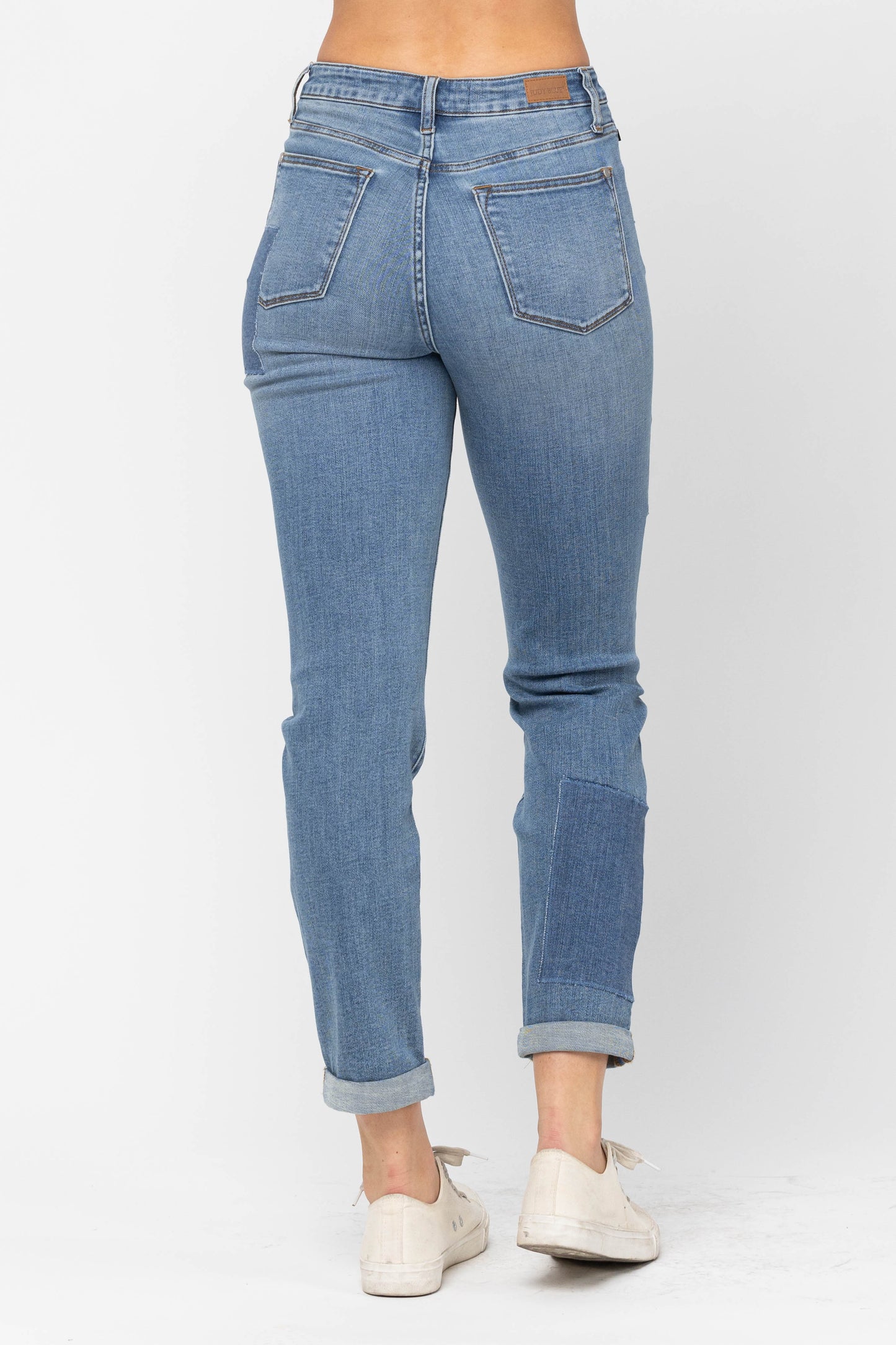 Judy Blue HW Patches w/Double Rolled Cuff BF Jeans