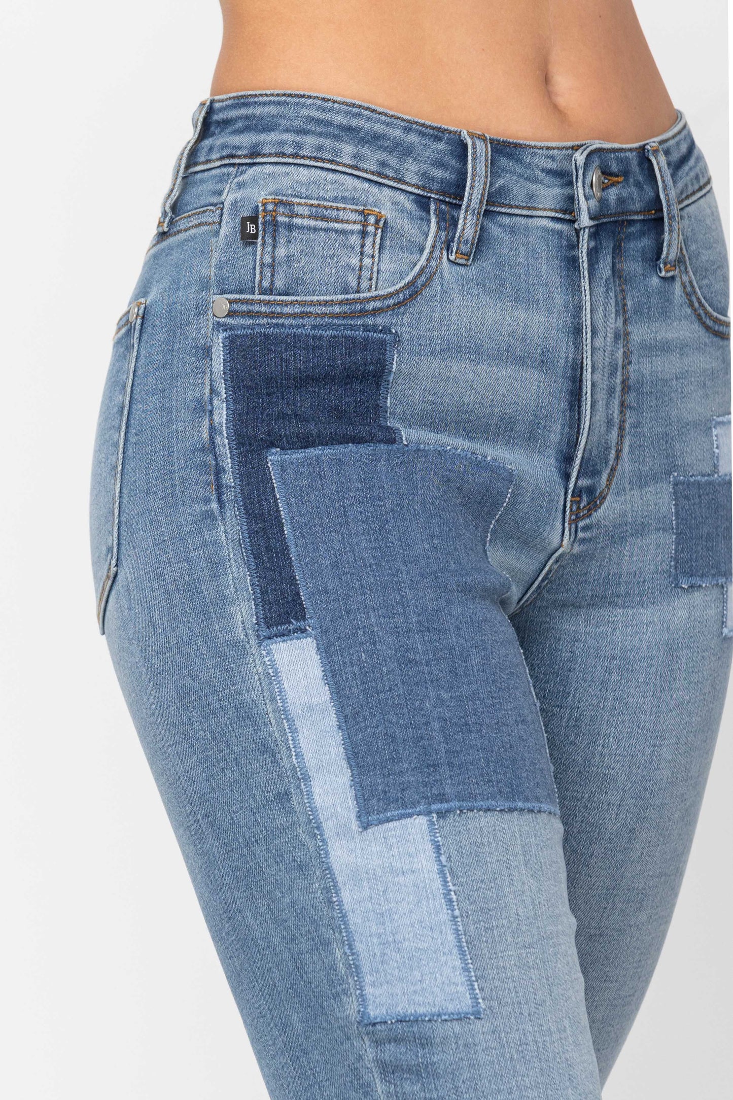 Judy Blue HW Patches w/Double Rolled Cuff BF Jeans