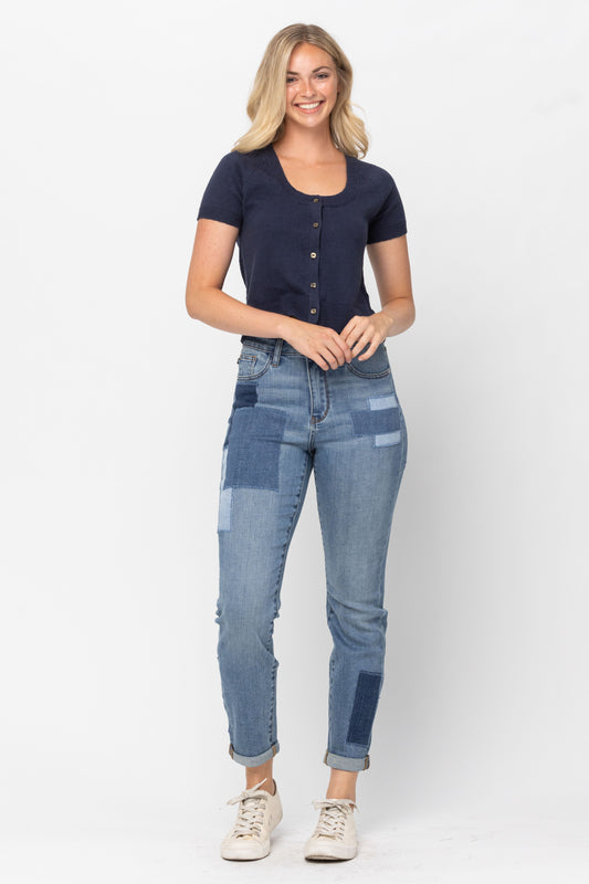 Judy Blue HW Patches w/Double Rolled Cuff BF Jeans