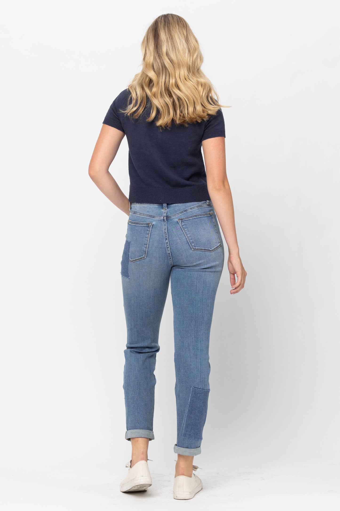 Judy Blue HW Patches w/Double Rolled Cuff BF Jeans