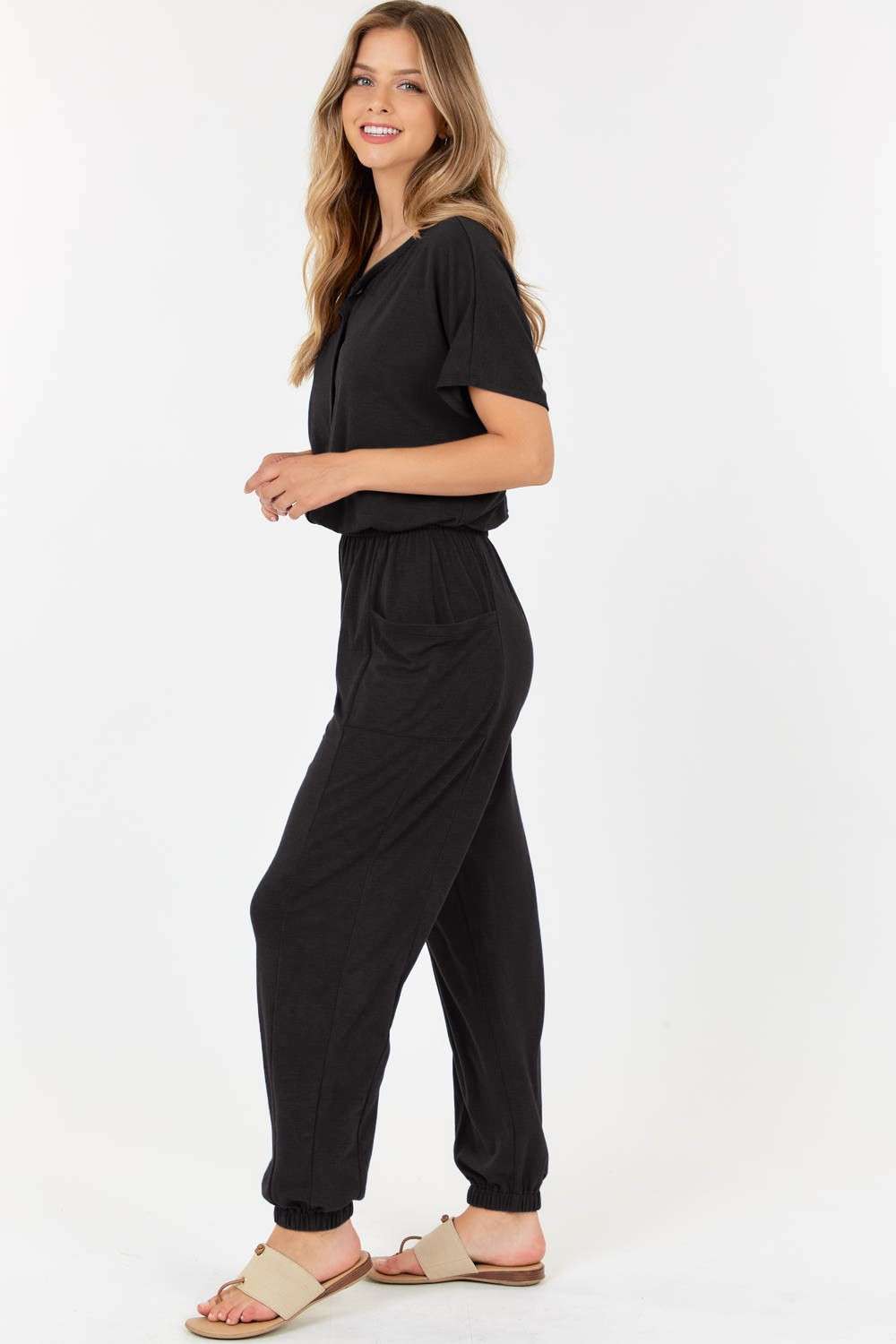 Short Sleeve Jumpsuit with Elastic Waist Black