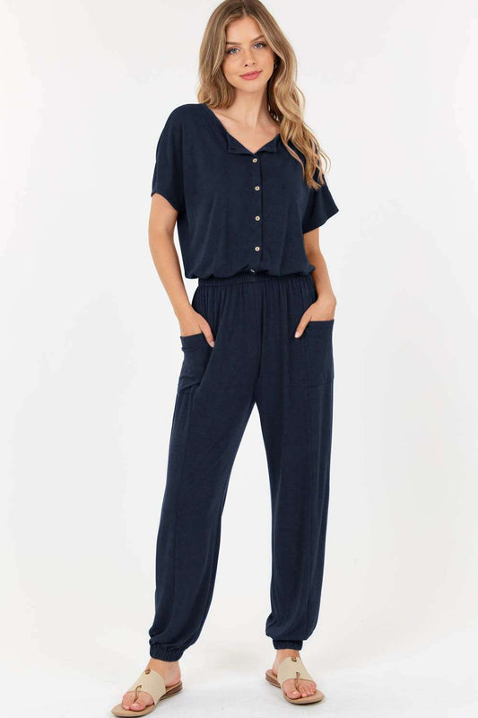 Short Sleeve Jumpsuit with Elastic Waist Navy Blue