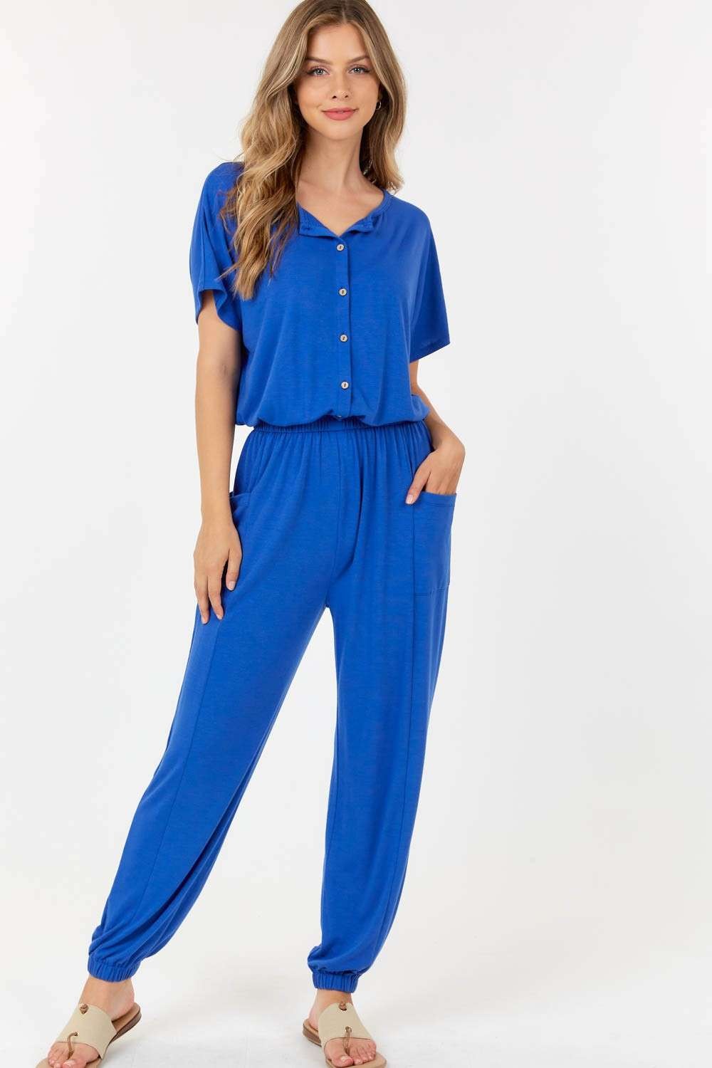 Short Sleeve Jumpsuit with Elastic Waist Royal Blue